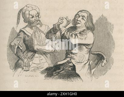 Parte III. Un viaggio a Laputa. Capitolo X. Gulliver entusiasta di apprendere che esistono esseri immortali. Illustrazione di Jean-Jacques Grandville da "Gulliver's Travels" di Jonathan Swift (volume 2), pubblicata in francese nel 1838 da Furne et Cie e H. Fournier éditeur. Foto Stock