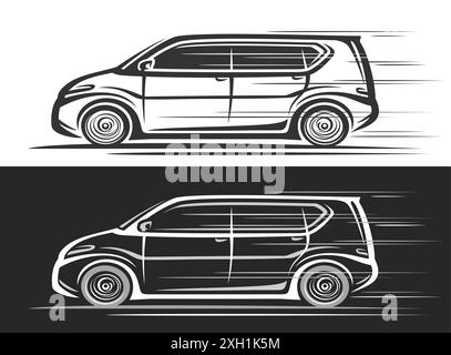 Logo vettoriale per futuristico minivan, banner orizzontali per automobili con illustrazione disegnata a mano di un veicolo multifunzione monocromatico in movimento, decorati Illustrazione Vettoriale