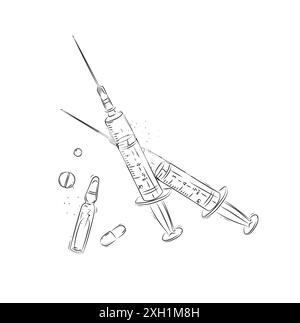 Composizione di siringhe, fiale e pillole disegnata in stile grafico su sfondo bianco Illustrazione Vettoriale