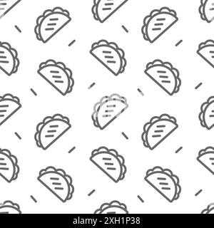Motivo senza cuciture Taco Icon. Illustrazione della linea vettoriale in stile cartone animato piatto. Fast food da asporto. Per sfondo, menu, invito. Foto Stock