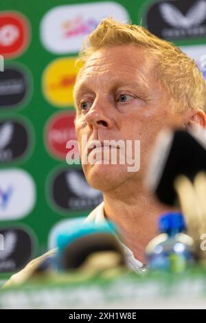 L'allenatore della Repubblica d'Irlanda Heimir Hallgrimsson durante una conferenza stampa all'Aviva Stadium di Dublino, Irlanda. Hallgrimsson, è stato nominato nuovo allenatore della Repubblica d'Irlanda. L’ex allenatore islandese e giamaica sostituisce l’allenatore ad interim John o’Shea, che ha preso il comando dopo la partenza di Stephen Kenny a novembre. Data foto: Giovedì 11 luglio 2024. Foto Stock