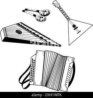 Strumenti musicali. Strumenti musicali russi. Fisarmonica, cucchiai di legno, gusli, balalaika disegnati a mano in vettore. Adatto per inviti, carte. Illustrazione Vettoriale