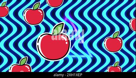 Immagine delle mele che galleggiano su sfondo blu ondulato. Immagini generate digitalmente con colori, forme e astrazione. Foto Stock