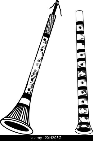 Strumenti a fiato. Tubi e scanalature disegnati a mano in un vettore nero. Strumenti musicali folk. Adatto per la stampa su cartoline, inviti, poster. Interno Illustrazione Vettoriale