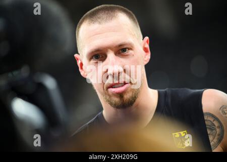 Amburgo, Germania. 11 luglio 2024. Basket: Formazione media DBB, giocatore nazionale Daniel Theis. Crediti: Gregor Fischer/dpa/Alamy Live News Foto Stock