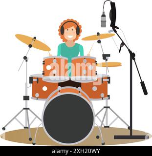 Illustrazione vettoriale del musicista batterista in cuffie che suona il kit batteria in radio. Elemento di design piatto per persone radio, icona isolata su sfondo bianco Illustrazione Vettoriale