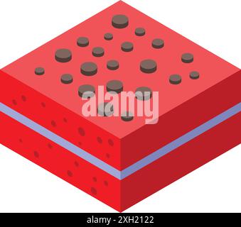 Fetta di torta di velluto rosso con gocce di cioccolato sulla vista isometrica superiore Illustrazione Vettoriale