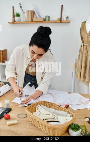 Giovane donna in un abbigliamento casual, che lavora a tavola su un pezzo di carta. Foto Stock