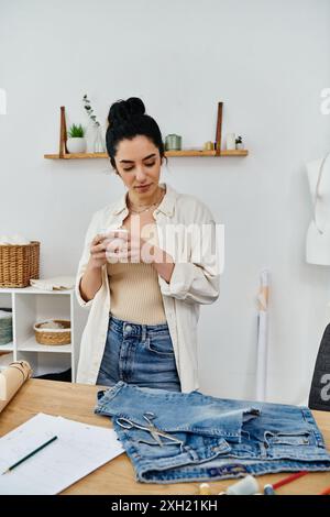 Una donna esamina attentamente un paio di jeans su un tavolo. Foto Stock