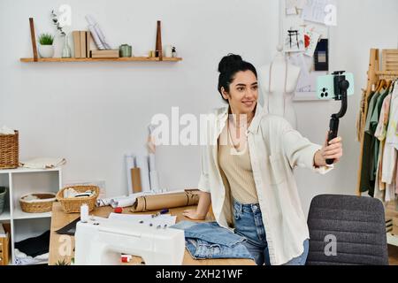 Una giovane donna in abbigliamento casual indossa abiti su un tavolo con il telefono in mano. Foto Stock