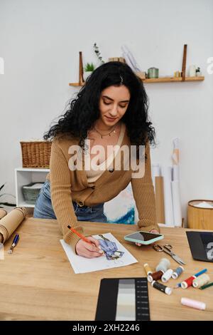 Donna che cammina i vestiti, lavora a tavola. Foto Stock