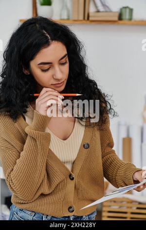 Una donna con un abbigliamento casual indossa abiti, scrivendo su carta con una matita. Foto Stock