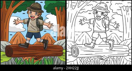 Illustrazione del Camping Camper Crossing Log Bridge Illustrazione Vettoriale