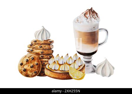 Latte in schiuma soffice con ciambella in Tartlet di limone, meringa, illustrazione dei biscotti con scaglie di cioccolato. Caffè in una tazza di bicchiere. Acquerello dipinto a mano su isola Foto Stock