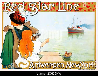 Poster di viaggio vintage - CASSIERS Henri Red Star Line Anversa-New York 1899 Foto Stock