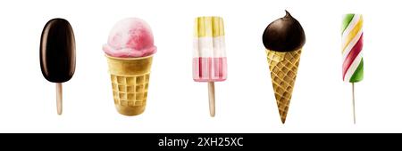 Set di gelati, lolly con fragole, menta, vaniglia, lampone, glassa di cioccolato. Pittura a mano a forma d'acquerello a forma di papavero isolato su Foto Stock