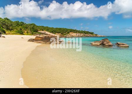 Pittoresca spiaggia tropicale di sabbia dorata Sunset Beach con acqua turchese a Lizard Island, Australia. Lizard Island si trova sulla grande Barriera Corallina in no Foto Stock