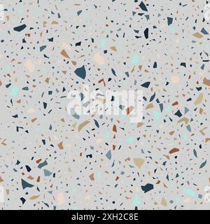 Pavimento in terrazzo con motivo senza cuciture. Texture vettoriale realistica dell'asfalto con elementi a mosaico colorati. Piastrelle di terrazo con pezzi naturali di marmo Illustrazione Vettoriale