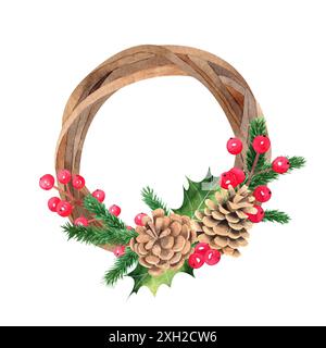 Illustrazione ad acquerello di una corona di Natale. Corona rotonda di legno con frutti di bosco, coni di pino e rami dell'albero di natale. Telaio rotondo disegnato a mano. Templ Foto Stock