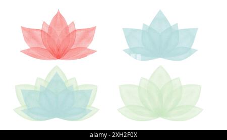 Set di simboli di loto in fiore astratto. Acquerello disegnato a mano. Fiori semplicemente stilizzati. Icona Lotus. Forma geometrica floreale. Illustrazione acquerello. Foto Stock