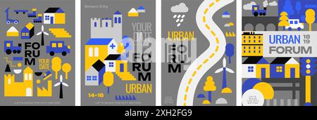 Set di 4 poster dei forum cittadini. Icone della città moderna, case, trasporti, mulini a vento, alberi. Ideale per promuovere eventi e conferenze in città. Illustrazione Vettoriale