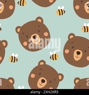 Simpatico orso con motivo senza cuciture. Sfondo del bambino con illustrazione di orso e vettore di api. Illustrazione Vettoriale