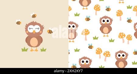 Carino gufo e motivo senza cuciture. Sfondo per bambini con gufi, funghi e api. Illustrazione vettoriale. Illustrazione Vettoriale
