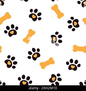 Impronta zampa PET motivo senza cuciture. Stampa zampa di cane e osso su sfondo bianco. Illustrazione Vettoriale