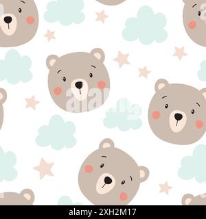 Motivo senza cuciture con un simpatico orso. Sfondo per bambini con orso, nuvole e stelle. Illustrazione vettoriale. Illustrazione Vettoriale