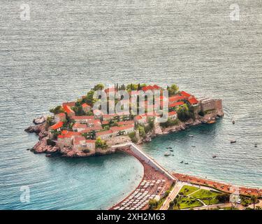 Affascinante vista al tramonto della costa adriatica e dell'isolotto Sveti Stefan dalla chiesa di st. Punto panoramico di Sava vicino a Budwa. Ubicazione: chiesa di S. Sava punto panoramico, Monte Foto Stock