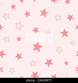 Motivo senza cuciture con stelle. Illustrazione vettoriale su sfondo rosa. Può essere utilizzato per sfondi, involucri, carte, motivi per abiti. Illustrazione Vettoriale