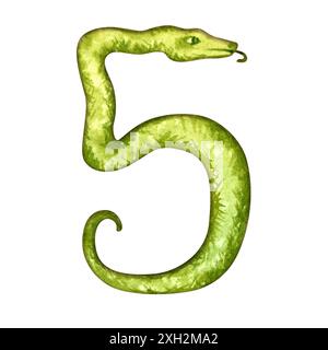 Numero cinque sotto forma di serpente verde come simbolo del felice Capodanno cinese 2025 secondo il segno zodiacale dell'anno del serpente. Acquerello Foto Stock