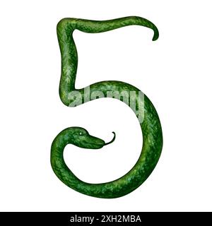 Numero cinque sotto forma di serpente verde come simbolo del felice Capodanno cinese 2025 secondo il segno zodiacale dell'anno del serpente. Acquerello Foto Stock