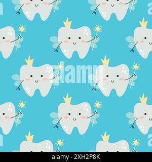 Motivo vettoriale senza cuciture caratterizzato da un personaggio di fata dei denti con una corona e una bacchetta magica su sfondo blu. Illustrazione Vettoriale