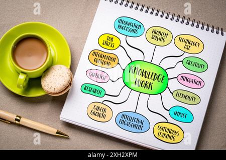 Lavoro di conoscenza, lavori e attività che riguardano principalmente la gestione e l'elaborazione delle informazioni, in contrapposizione al lavoro manuale, schizzo della mappa mentale in un notebook. Foto Stock