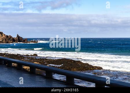 paesaggio di un viale ai margini del mare su una spiaggia di roccia vulcanica con un gabbiano che vola vicino al suolo Foto Stock