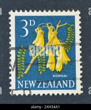 Francobollo cancellato stampato dalla nuova Zelanda, che mostra Kowhai (Sophora microphylla), circa 1967. Foto Stock