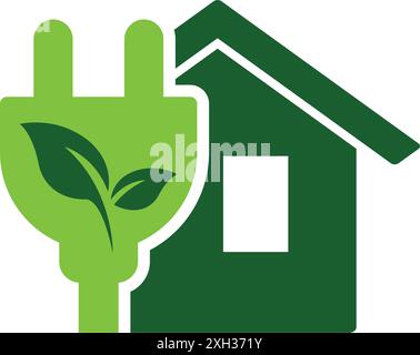 casa alimentata da un logo con simbolo di energia rinnovabile verde con vettore icona foglia e spina di alimentazione isolato su sfondo trasparente Illustrazione Vettoriale