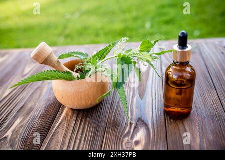 Un ramo di foglie di ortica fresca riposa in un mortaio di legno con accanto un pestello. Una bottiglia di olio essenziale con un contagocce si trova a destra della m. Foto Stock