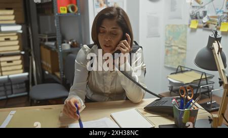 Ispanica che lavora in casa in una stazione di polizia, analizza documenti e parla al telefono. Foto Stock