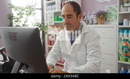 Farmacista di mezza età ispanica che lavora su un computer in una farmacia ben fornita, mostrando professionalità e concentrazione in un farmaco in interni Foto Stock