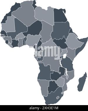 Mappa accurata e dettagliata dell'africa con stati separati paesi vettore politico in scala di grigi isolato su sfondo trasparente Illustrazione Vettoriale