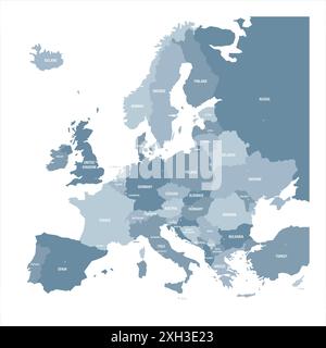 Carta politica dell'Europa. Mappa vettoriale di colore blu con le capitali dei paesi europei. Illustrazione Vettoriale