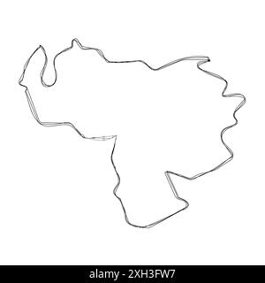 Mappa semplificata del paese del Venezuela. Contorno sottile dello schizzo a matita tripla isolato su sfondo bianco. Semplice icona vettoriale Illustrazione Vettoriale