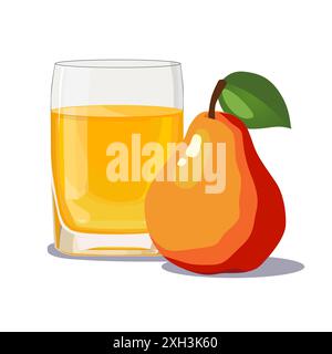 Bicchiere pieno di succo di pera giallo appena spremuto e sano isolato su sfondo bianco. Illustrazione vettoriale in stile piatto con bevanda dietetica. Riepilogo Illustrazione Vettoriale