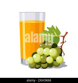 Bicchiere pieno di succo d'uva giallo spremuto fresco e sano isolato su sfondo bianco. Illustrazione vettoriale in stile piatto con bevanda dietetica. Summ Illustrazione Vettoriale