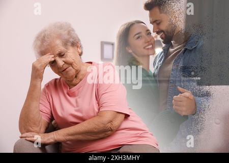 Soffre di amnesia. Donna anziana che cerca di ricordare la coppia. Donna e uomo che si dissolvono, doppia esposizione Foto Stock