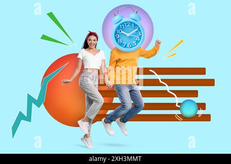 Uomo con sveglia invece che testa e donna che ballano su sfondo colorato, collage creativo Foto Stock