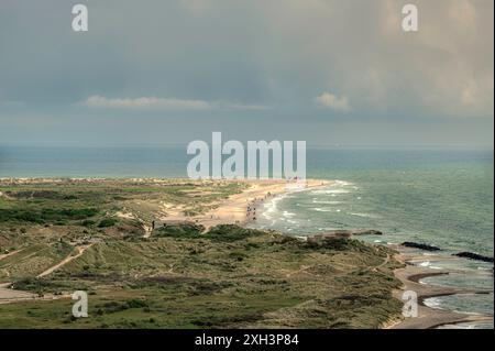 Vista di Ariel su Grenen la punta più settentrionale della Danimarca a Skagen, 30 maggio 2024 Foto Stock