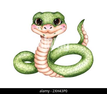 Illustrazione ad acquerello del cartone animato verde serpente. Simbolo dell'anno 2025, oroscopo cinese isolato dallo sfondo. Per il disegno delle cartoline di Natale, rottamate Foto Stock